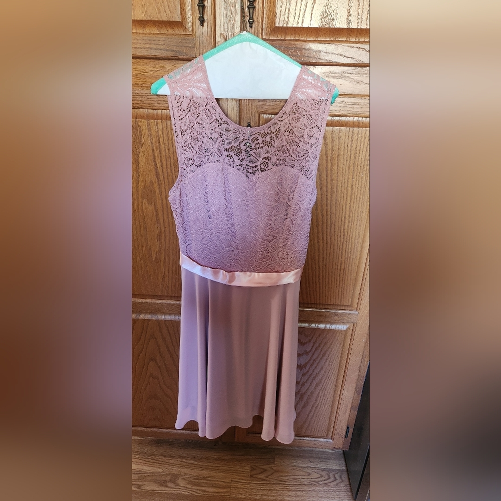 Blush pink flowy a-line lace cocktail dress